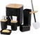 Bamboo Bathroom Accessories Set of 6 Latest Design 6 Pieces Bathroom Accessory Set Soap Dispenser Toothbrush Holder Tooth Mug Soap Dish Toilet Brush Rubbish for Bathroom Home Decor (Black)