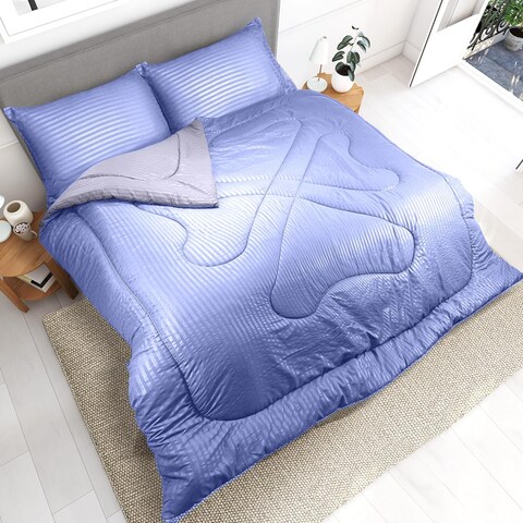 Hotel Linen Klub Reversible Down Alternative Comforter Set, Ultra Soft Brushed Stripe Microfiber Fabric, 200GSM Soft Fibersheet Filling, Size: Single 160 x 200cm, Purple &amp; Lt. Grey