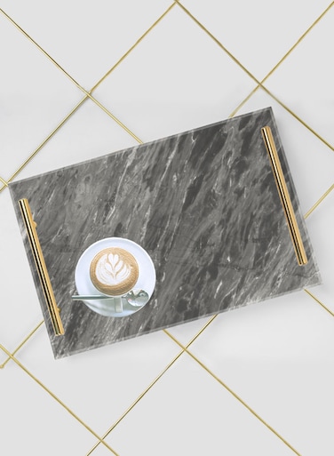 Lowha Decorative Acrylic Serving Tray With Gold Metal Handles And Marble Fog Design 20x30 cm