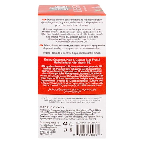 Ahmad Tea Energy-Grapefruit Mate And Guarana Seed Tea Bags 1. 5g x 20 Pieces