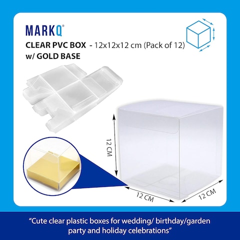 Markq Clear Favor Boxes 12x12x14 cm, 12 pcs PVC Transparent Box for Gifts Macaron Cupcake Candy Cookies Ornament Gifts Wedding Party Baby Shower (Gold Base)