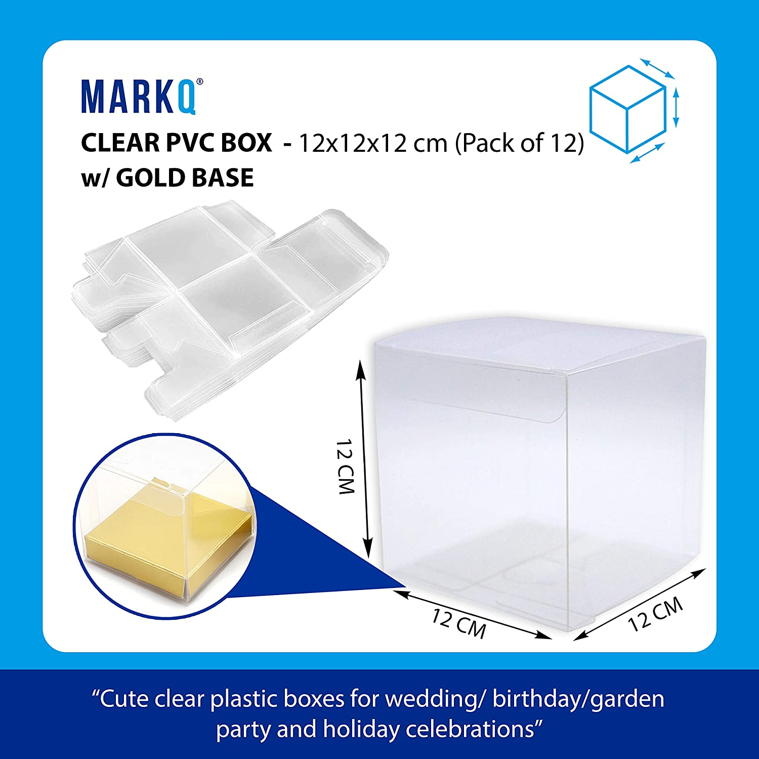 Markq Clear Favor Boxes 12x12x14 cm, 12 pcs PVC Transparent Box for Gifts Macaron Cupcake Candy Cookies Ornament Gifts Wedding Party Baby Shower (Gold Base)