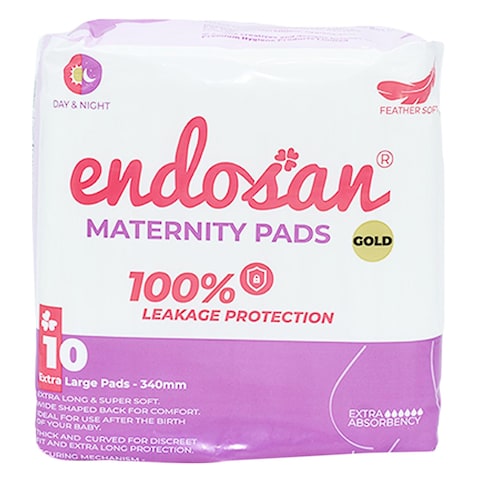 Endosan Feather Soft Gold Extra Absobency Maternity Pads Extra Large 340mm 10 Count