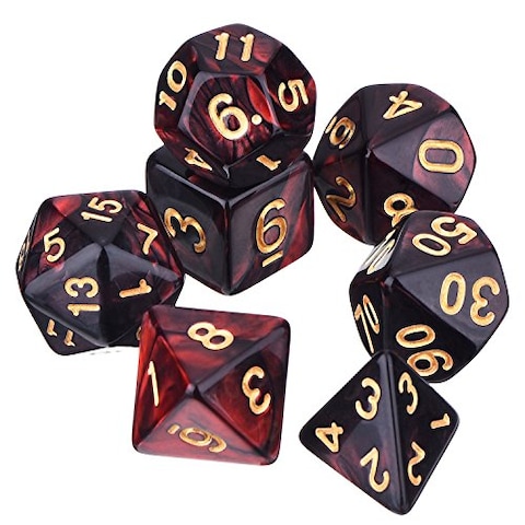 Polyhedral 7-Die Dice Set for Dungeons and Dragons with Black Pouch (Red Black)