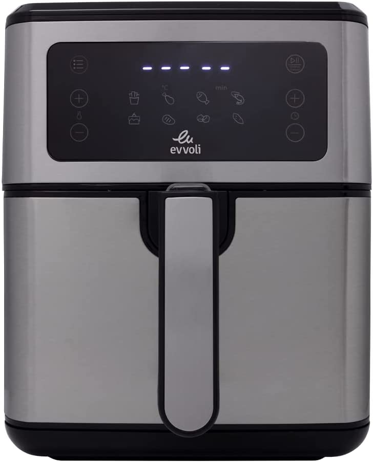 Evvoli Air Fryer 5.5 Liters, Digital Control Panel Display, 8 Preset Programs With Built-In Preheat function, 1850W, Brush Stainless Steel &amp; Black, EVKA-AF5508D