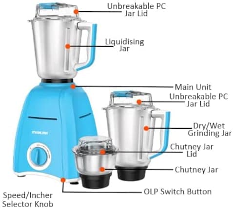 Nikai 900W Blender with 3 Jars &ndash; 1.5 Ltr Liquid Jar, 400 ml Dry/Wet Jar and 1 Ltr Dry/Wet Grinding Jar, Stainless Steel Blades and 3 Speed Settings, 2 Years Warranty, NB694A, Blue