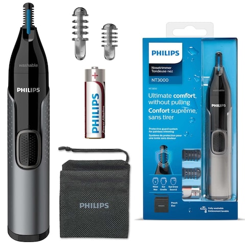 PHILIPS Nose Hair Trimmer Series 3000 Nose, Ear and Eyebrow Trimmer Showerproof with Protective Guard System Battery Operated NT3650/16, Grey
