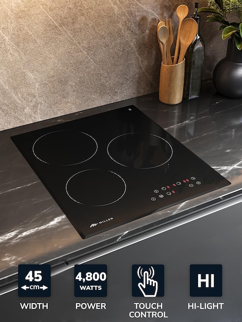 MIILLEN Built in Electric hob, 45 cm Black Glass, 3 Heating Zones, 4800W, Touch Control, MEH 451 BL, 3 Year Warranty