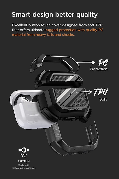 VRS Design Terra Guard Ultimate for Airpods Pro 2nd Generation case (2022) Airpods Pro 2 case cover with Carabiner - Metal Black