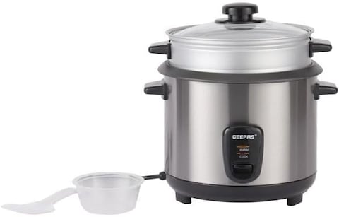 Geepas 1.5L Multifunctional Rice Cooker, GRC35040, Durable Construction With Cool Touch Handle, Equipped With Tempered Glass Lid, Rice Spoon, Aluminum Outer Steamer &amp; Measuring Cup - 2 Year Warranty