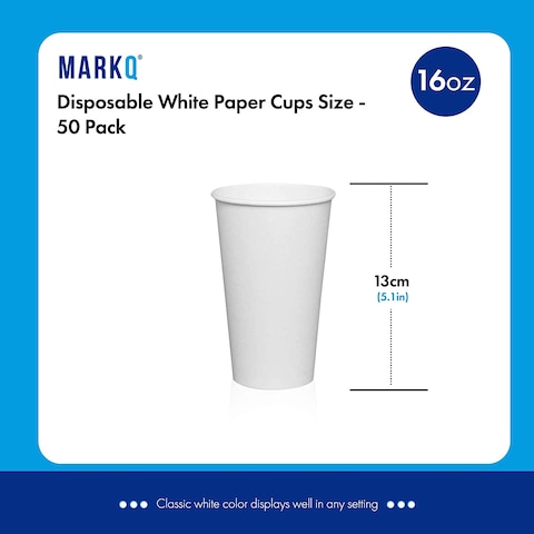 Markq [50 Cups] 16 oz. White Paper Cups - Available in 4oz, 7oz, 8oz, 12oz- Disposable Hot Drinks, Latte, Cappuccino, Coffee Cups