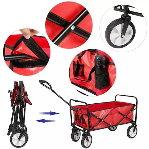 Folding Camping Cart Wagon - 4 Wheel Collapsible Beach Trolley, Portable Garden Camping Picnic &amp; DIY Waste Wagon Adjustable Rotary Handle - BLACK - RED - BLUE - GREEN (RED)