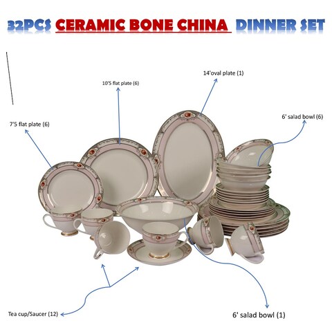 XIANGYU dinner set porcelain gold, 32pcs tea set; (12)pcs tea cup/saucer, (6) 10&#39;5 flat plate, (6) 7&#39;5 flat plate, (6) 6&#39; salad bowl, (1) 6&#39; salad bowl, (1) 14&#39; oval plate. New Ceramic Bone China, The