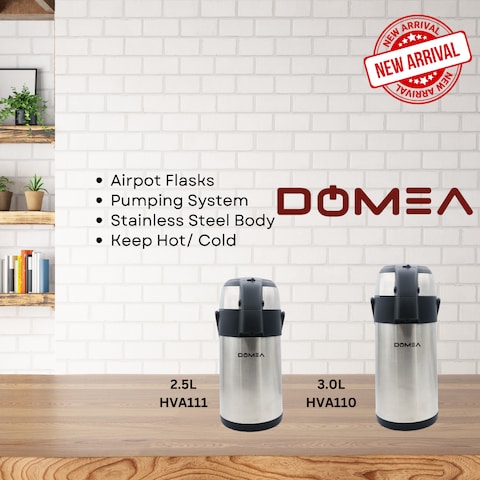 DOMEA 3L Airpot Flask With Insulated Pump Action   Stainless Steel Leak Proof Thermal Flask  Hot And Cold Drink Dispenser   Perfect For Tea And Coffee   24 Hours Heat Retention