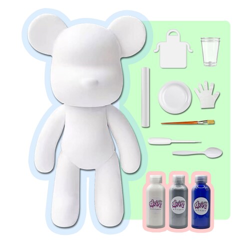 DIY CREATE YOUR OWN UNIQUE ACRYLIC FLUID POURING PAINT BEAR (9 inch - 23 cm) COMPLETE SET, colors: White, Silver, Dark-Blue. Arts and Crafts, Customize Handmade Creative Birthday Gift