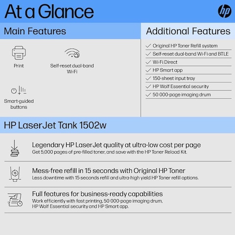 HP LaserJet Tank 1502w Printer, Wireless, Print, White, (2R3E2A)