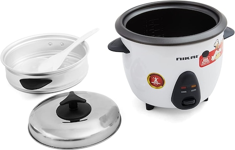 Nikai 1 Liter 2 In1 Non-Stick Rice Cooker With Steamer, 400W, Keep Warm Function, NR701A, White (6 Months Warranty)