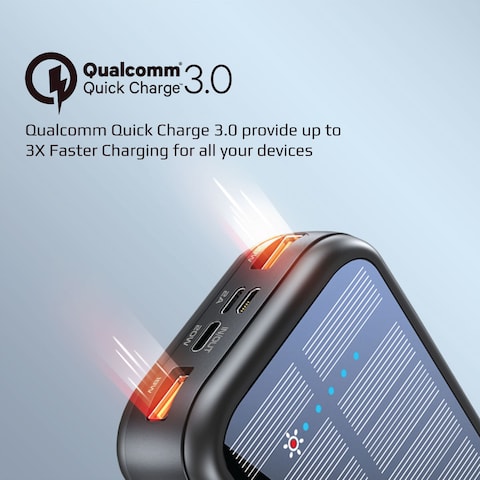 Promate Solar Power Bank, Portable 20000mAh Battery Charger with Built-in 5V/2.1A USB-C and Lightning Cables, 20W USB-C Power Delivery and Dual QC 3.0 Ports for iPhone 13, Galaxy S22, SolarTank-20PDCi