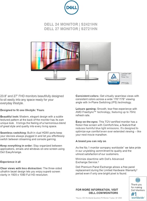 Dell 24 Monitor S2421HN In Plane Switching IPS, Flicker Free Screen With ComFort View, Full HD 1080p 1920 x 1080 at 75 Hz With AMD Free Sync, With Dual HDMI Ports, 3 Sided Ultrathin, Grey