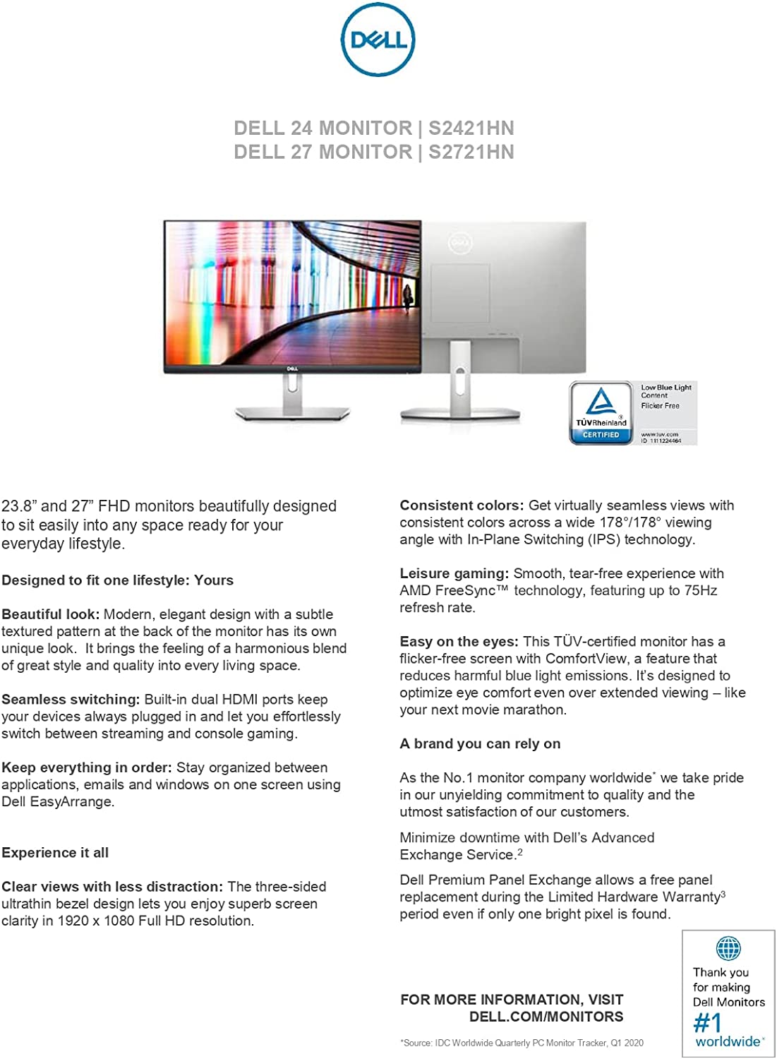 Dell 24 Monitor S2421HN In Plane Switching IPS, Flicker Free Screen With ComFort View, Full HD 1080p 1920 x 1080 at 75 Hz With AMD Free Sync, With Dual HDMI Ports, 3 Sided Ultrathin, Grey