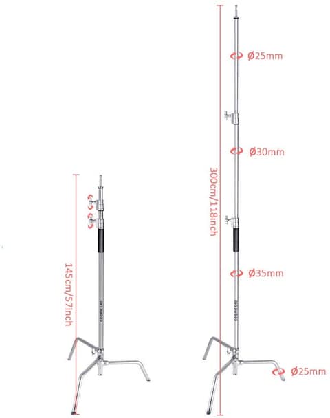Coopic C40 Stainless Steel Heavy Duty C-Stand 1.5 Meters To 3 Meters Adjustable Tripod With Turtle Base For Sturdy Photographic Studio Strobe Light Reflector Umbrella LED Light
