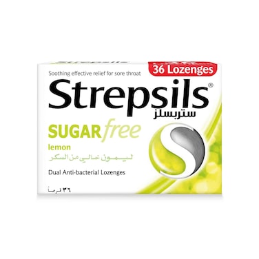 ستربسلز بنكهة الليمون، خالي من السكر، مُهدئ وفعال لتخفيف التهاب الحلق، 36 قرصًا