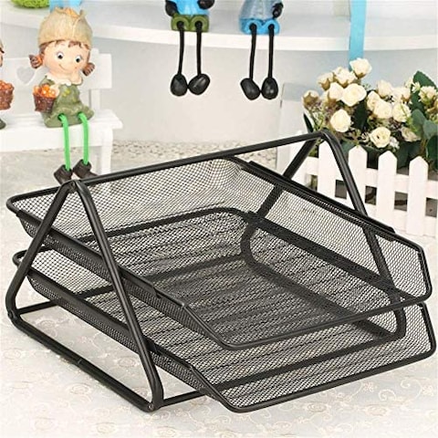 Desk File Organizer Barbed Wire Metal Twolayer File Holder Data Tray File Tray Rustproof Magazine Bar Black Desk File Organiser File Holder Color  Black Size  350x302x190mm
