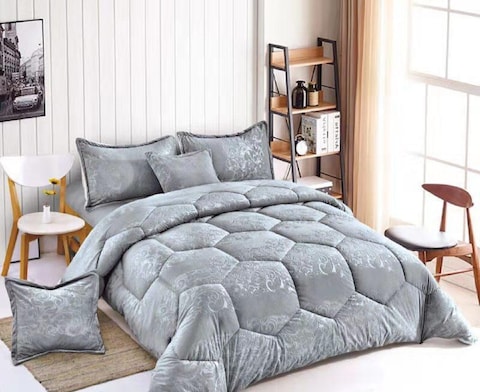 Comfy 6pcs Geometric Design Cotton King Comforter Set - Light Grey