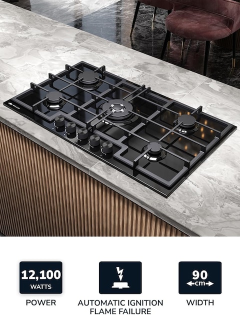 MILLEN MGHG 9001 BL 90 cm Built-in 5 Burners Gas Hob - Glass Finish, 12100 Watts, Mechanical and Electronic Ignition Control, 3 Year Warranty