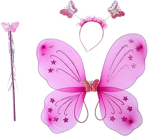 Party Time Dark Pink 3pcs Girl&#39;s Butterfly Costume Set Butterfly Wings with Butterfly Headband and Fairy Magic Wand Kids Performance Party Costume, Halloween Costume Party - Party Supplies