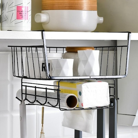 COZY NEST Hanging Shelf Storage Kitchen Organizer Basket,Under Cabinet Slide-in Wire Rack With 8-Hooks For Towels/Knives/Key/Cups/Tissue for Laundry,Room