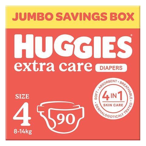 Huggies Extra Care, Size 4, 8 -14 kg, Jumbo Box, 90 Diapers