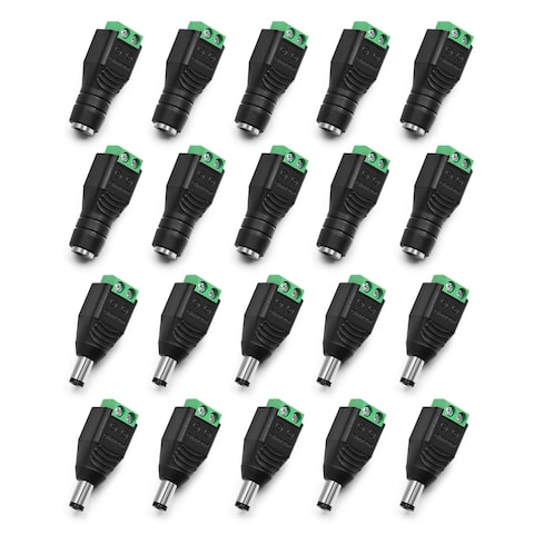 XBW （10 x Male + 10 x Female) 12V DC Power Connector 5.5mm x 2.1mm 24V Power Jack Socket for Led Strip CCTV Security Camera Cable Wire Ends 10Pcs Plug Barrel Adapter