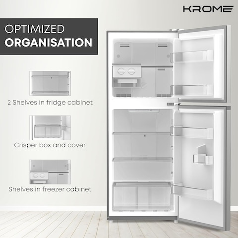 KROME 260L Double Door Top Mounted Refrigerator With Multi Air Flow System, No-Frost Cooling With Electronic Touch Temperature Control, Door Alarm, Big Twist Ice Maker, Silver - KR-RFF 260SM