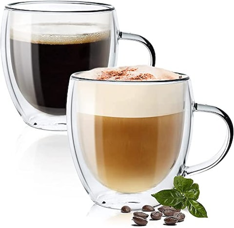 Markq Glass Coffee Cups With Handles 250ml Double Wall Coffee Mugs For Latte Cappuccino Espresso Milk Hot Drinks Tea Juice Water Glasses (2 Cups)