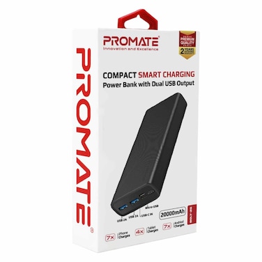 Promate Bolt-20 Compact Smart Charging Power Bank 20000mAh Black