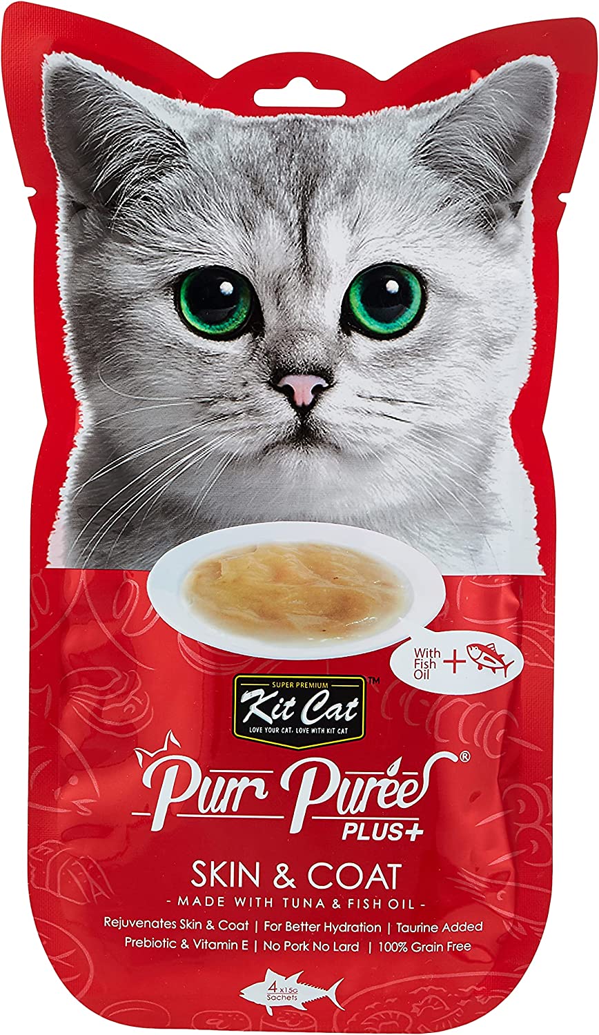 Buy Kit-Cat Purr Puree Plus Skin & Coat Tuna 4X15g Online | Carrefour UAE