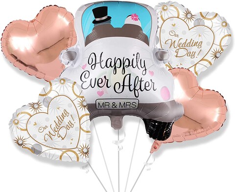 Party Time 5-Pieces Wedding Balloons Set, Mr. &amp; Mrs. Foil Balloon Bouquet with Wedding Day Heart Foil Balloon Sets Helium Mylar Foil Balloons, Wedding Party Decoration Supplies