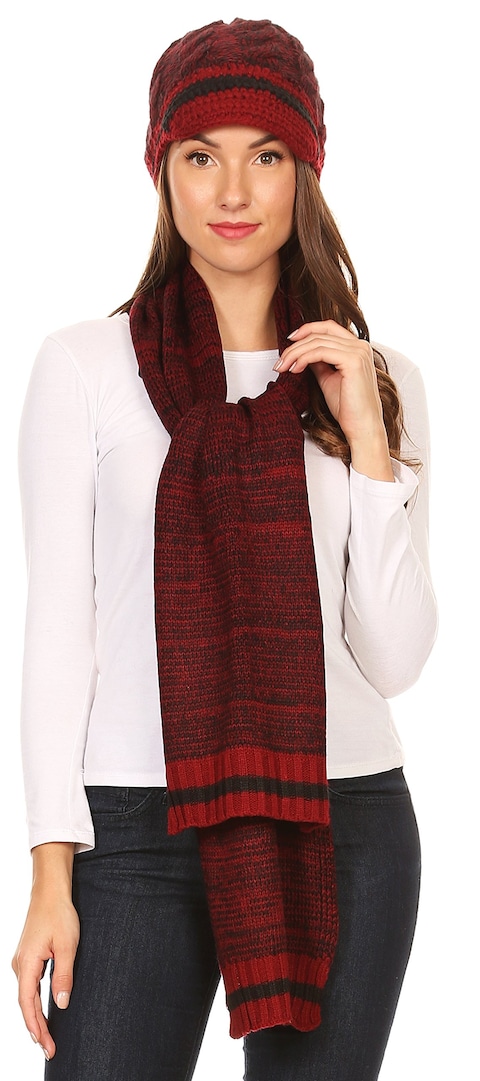 Theo Winter Stripes Knitted Hat With Scarf Set Heather Red/Black
