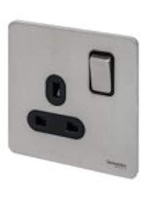 Schneider Ultimate Stainless Steel Screwless Flat Plate 13A 1 Gang Single Switch Socket Black Insert