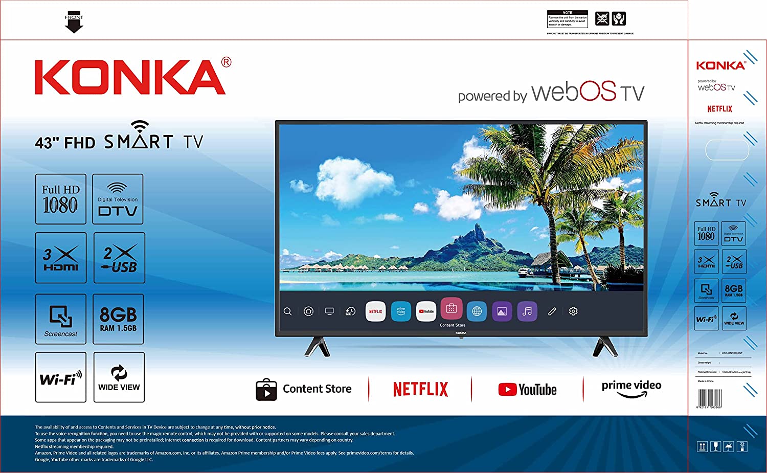 Konka 43 Inch, Smart LED TV, KDG43NR672ANT - Installation Not Included (Webos, Quad Core, HDR10, Mobile Screenshare, Netflix Youtube Prime Video Shahid, HDMI USB, Dolby, 3D Dynamic Noise Reduction)