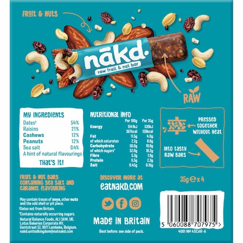 Nakd Salted Caramel Fruit And Nut Wholefood Bar 35g Pack of 4