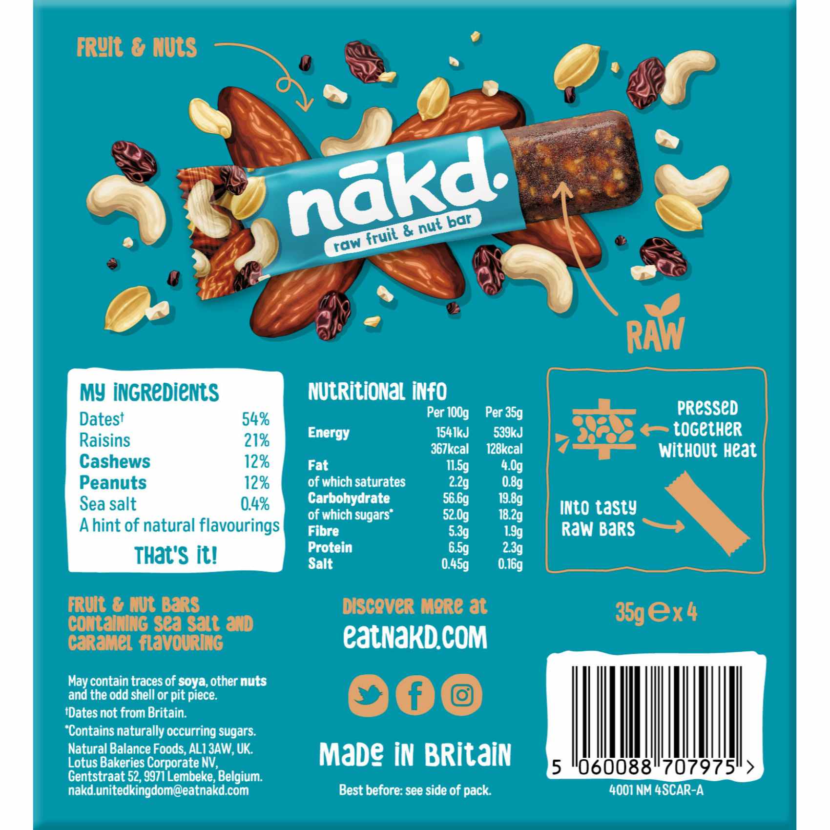 Nakd Salted Caramel Fruit And Nut Wholefood Bar 35g Pack of 4