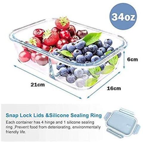 Aiwanto Glass Lunch Box Glass Storage Box with 2-Compartment Meal Prep Containers Food Storage Box with Lid Leak-proof Lunch Container Microwavable 1000ML Capacity