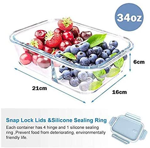 Aiwanto Glass Lunch Box Glass Storage Box with 2-Compartment Meal Prep Containers Food Storage Box with Lid Leak-proof Lunch Container Microwavable 1000ML Capacity