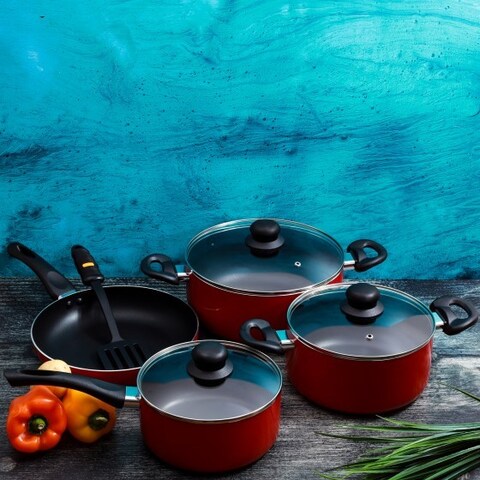 Royalford Cookware Set, 8 Pieces, Red, RF6082 Scratch Resistant, Tempered Glass Lids, 2.5MM Body Thickness, Bakelite Knobs, and CD Bottom