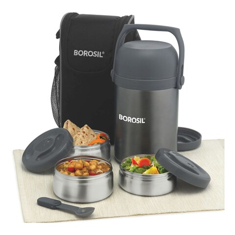 Borosil Hot-N-Fresh 3 Layer Stainless Steel Insulated Lunch Box Grey 350ml+420ml