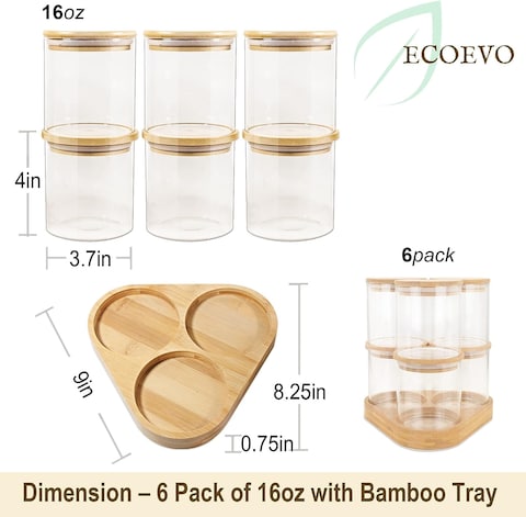 1CHASE&reg; Borosilicate Glass Food Storage Jars with Bamboo Lids and Wooden Base (Set of 6 of 16oz), Stackable Glass Food Jars for Rice, Pasta, Cookies, Snacks etc
