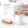 Mimelon 6-pcs Bathroom Accessory Set, Bamboo White Bathroom Set Includes Toothbrush Cup &amp; Holder, Soap Dispenser, Soap Dish, Durable Toilet Brush With Holder - Modern Trash Can