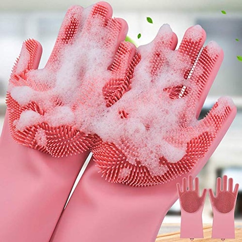BUYERZONE Silicone Scrubbing Gloves for Dish Washing and Pet Grooming (Free Size, Assorted Colour)